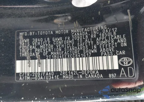 2012 Toyota Corolla L from USA, damaged, VIN 2T1BU4EEXCC841617